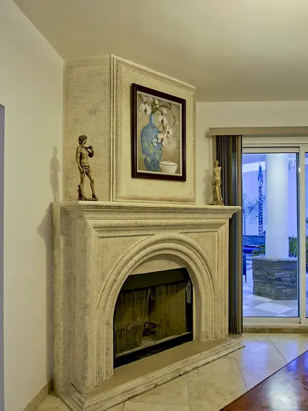 twilight living room fireplace large window