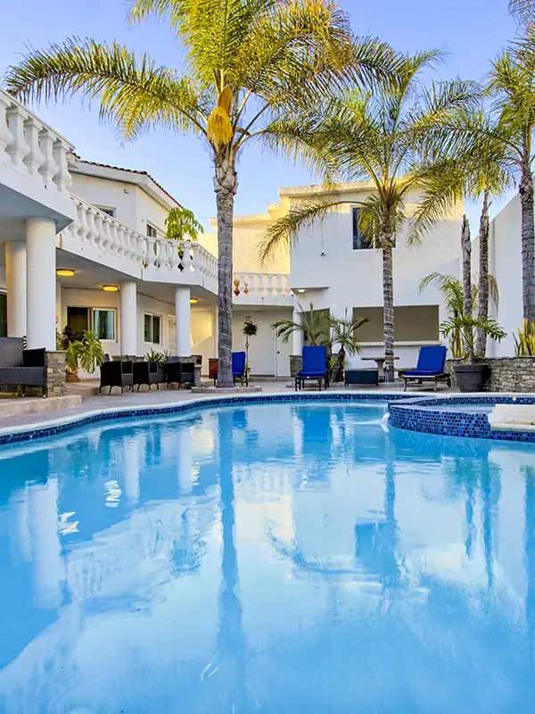 twilight pool palm trees patio