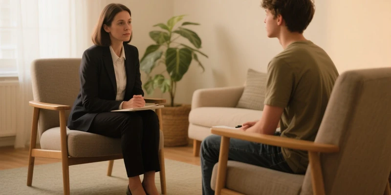 twilight therapy woman sitting chair talking man