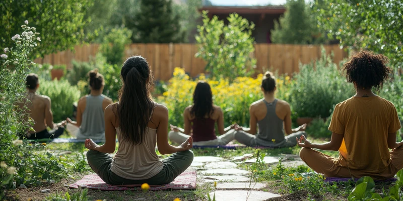 twilight yoga group people meditating garden
