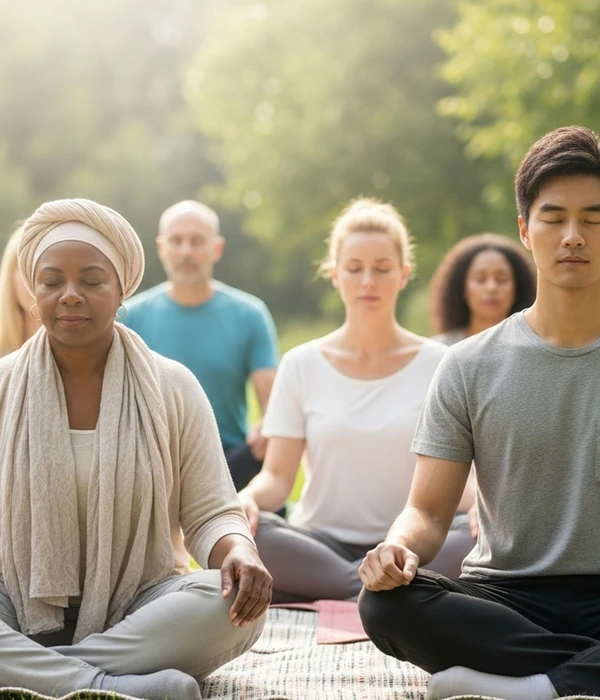 twilight yoga group people meditating park