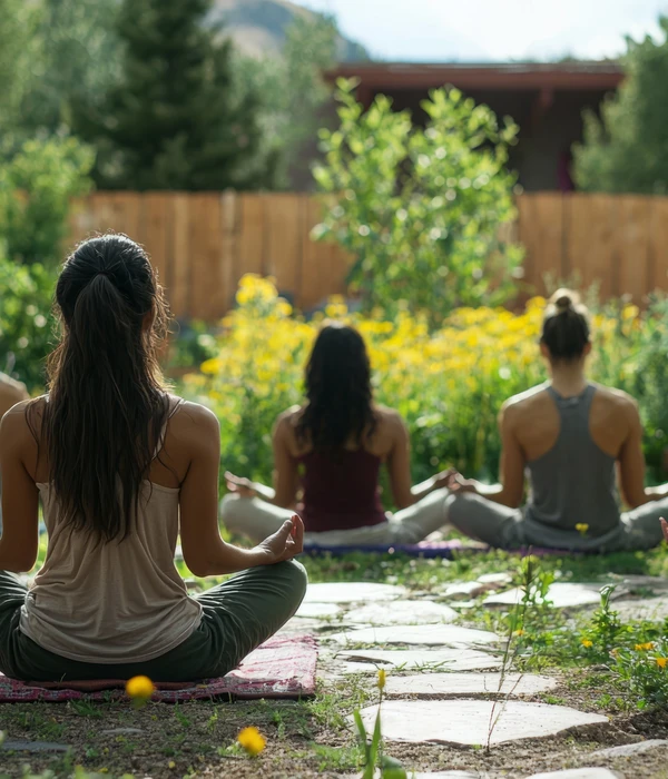twilight yoga group people sitting garden