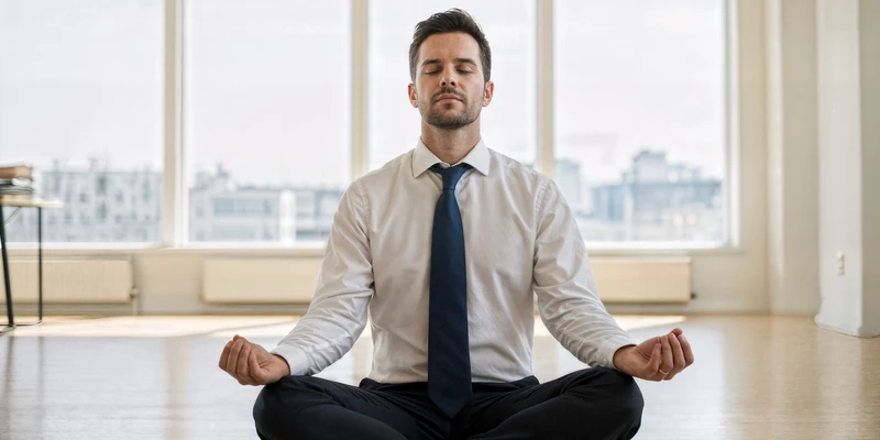 twilight yoga man white shirt tie sitting floor