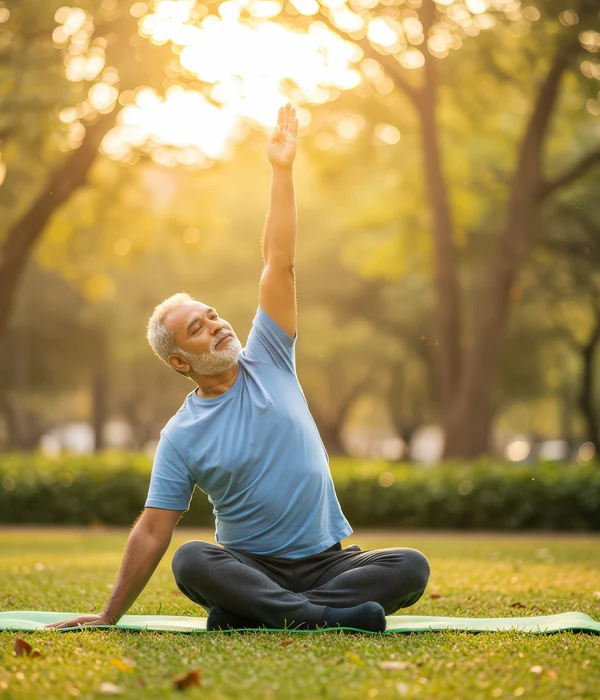 twilight yoga senior man doing park